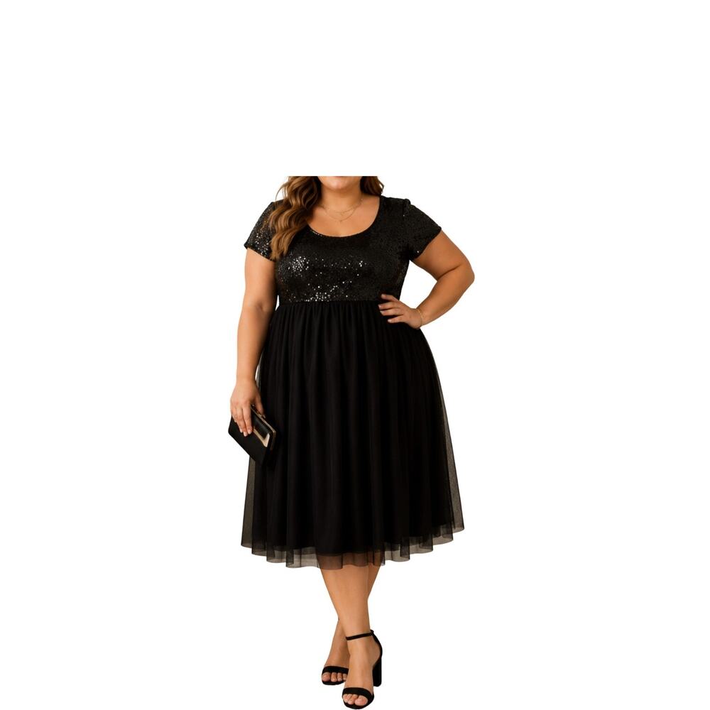 TORRID Dress Womens Size 18 Size 2X Black Formal Sequin Tulle Party Short Sleeve